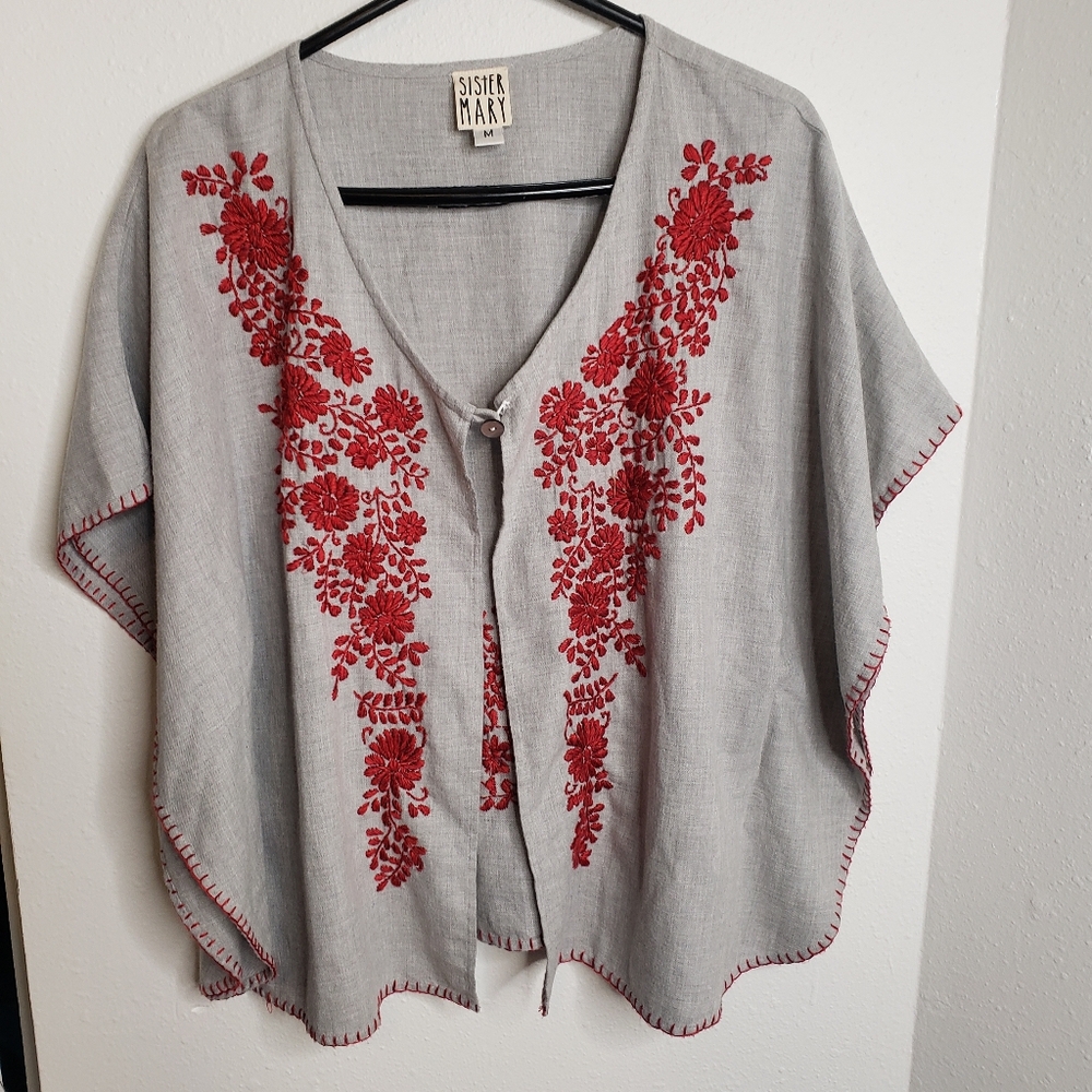 Sister Mary Libby Gray & Red Floral Embroidered Cardigan- M/ Boho Artsy Festival